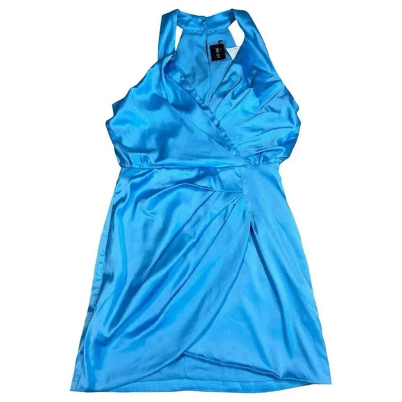 Do + Be Collection V-Neck Wrap Summer Mini Dress Baby Blue Satin Size Small - Picture 14 of 15